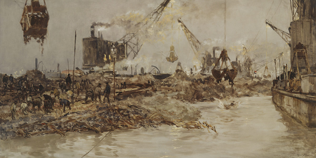 Een schilderij waarop arbeiders en kranen zijn afgebeeld tussen het afval. Het is bruinkleurig en oogt deprimerend.